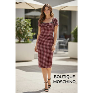 Boutique Moschino Red Black Plaid Midi Dress Size 6